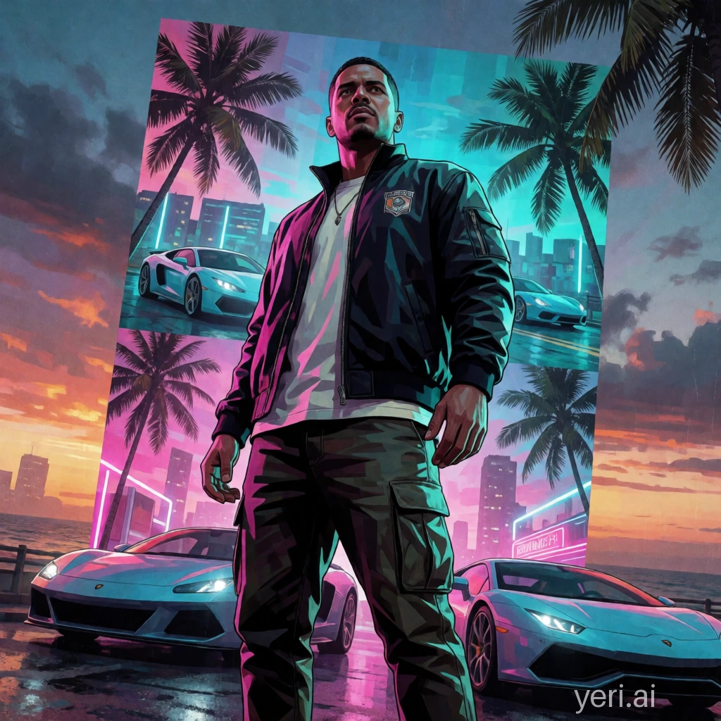 Ilustración editorial de una escena urbana nocturna inspirada en el universo de GTA VI